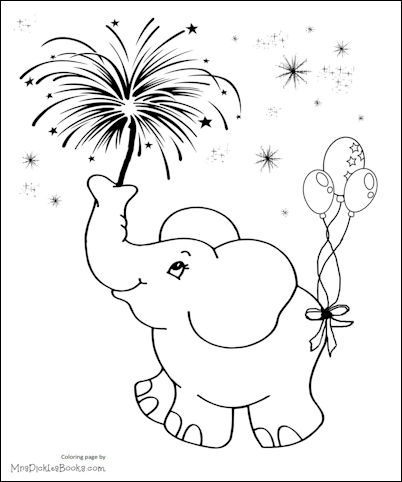 Elephant with fireworks and balloons (coloring page)